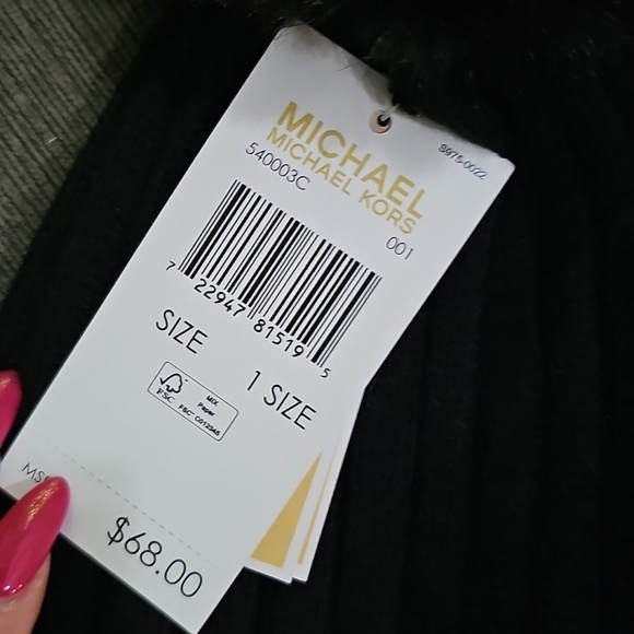 Michael Kors Cable Knit Fleece Lined Cuffed Pom Pom Winter Black Beanie hat MK main image 6